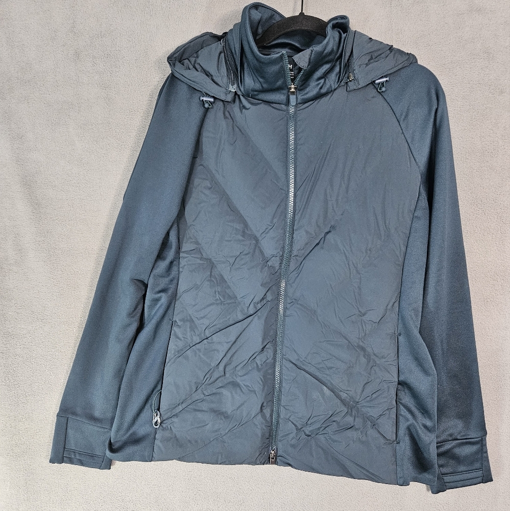 ATHLETA Womens XL Inlet Jacket Forest Green Down Puffer Knit Sleeves Hooded Zip
